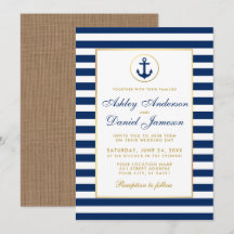 Nautical Wedding Blue Stripes Gold Burlap Invite