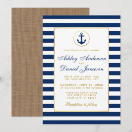 Nautical Wedding Blue Stripes Gold Burlap Invite Einladung