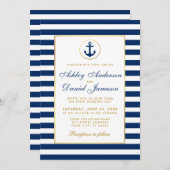 Nautical Wedding Blue Stripes Gold Einladung (Vorne/Hinten)
