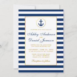Nautical Wedding Blue Stripes Gold Einladung