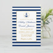 Nautical Wedding Blue Stripes Gold Einladung B (Stehend Vorderseite)