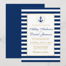 Nautical Wedding Blue Stripes Gold Einladung B