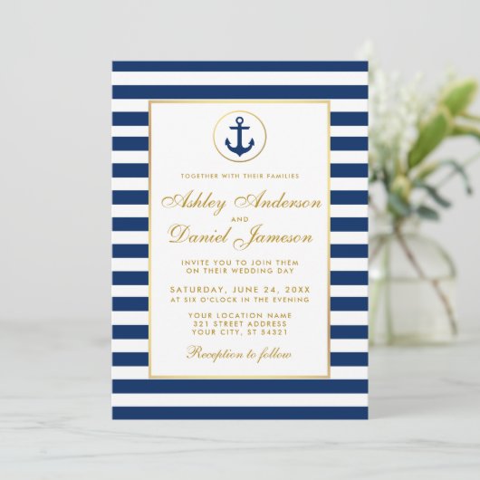 Nautical Wedding Blue Stripes Gold Einladung G (Stehend Vorderseite)