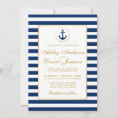 Nautical Wedding Blue Stripes Gold Einladung GB (Vorderseite)