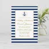 Nautical Wedding Blue Stripes Gold Einladung GB (Stehend Vorderseite)