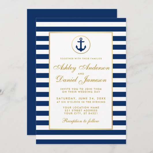 Nautical Wedding Blue Stripes Gold Einladung GB (Vorne/Hinten)