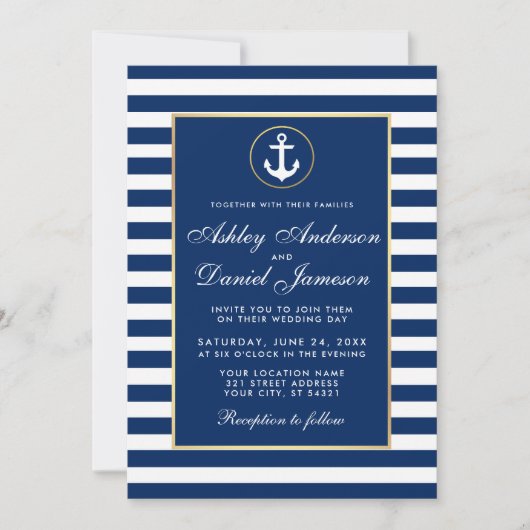 Nautical Wedding Blue Stripes Invite W Einladung (Vorderseite)