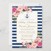 Nautical Wedding Blue Stripes Pink Floral Invite G Einladung (Vorderseite)