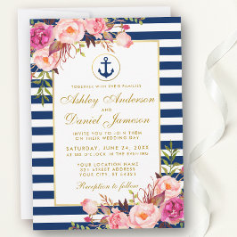 Nautical Wedding Blue Stripes Pink Floral Invite G Einladung