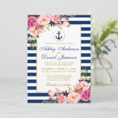 Nautical Wedding Blue Stripes Pink Floral Invite W Einladung (Stehend Vorderseite)