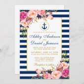 Nautical Wedding Blue Stripes Pink Floral Invite W Einladung (Vorne/Hinten)