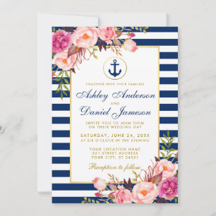 Nautical Wedding Blue Stripes Pink Floral Invite W Einladung