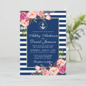 Nautical Wedding Blue Stripes Pink Floral Invite W Einladung (Stehend Vorderseite)
