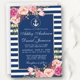 Nautical Wedding Blue Stripes Pink Floral Invite W Einladung