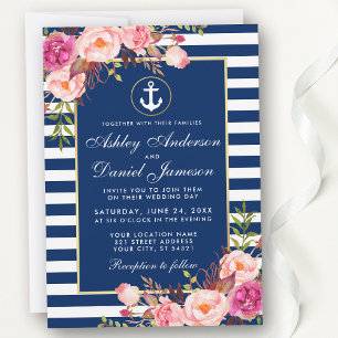 Nautical Wedding Blue Stripes Pink Floral Invite W Einladung