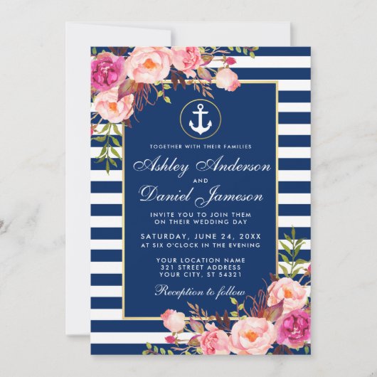 Nautical Wedding Blue Stripes Rosa Blütenladen Einladung (Vorderseite)