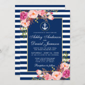 Nautical Wedding Blue Stripes Rosa Blütenladen Einladung (Vorne/Hinten)