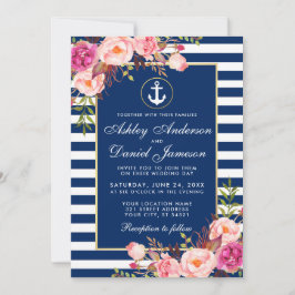 Nautical Wedding Blue Stripes Rosa Blütenladen Einladung