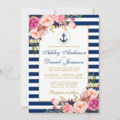 Nautical Wedding Blue Stripes Rosa Blütenladen Einladung (Vorderseite)