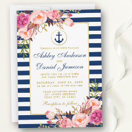 Nautical Wedding Blue Stripes Rosa Blütenladen Einladung