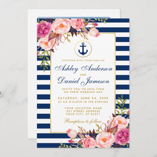 Nautical Wedding Blue Stripes Rosa Foto Einladung (Vorne/Hinten)