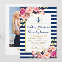 Nautical Wedding Blue Stripes Rosa Foto Einladung