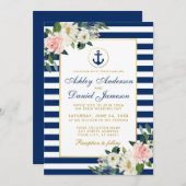 Nautical Wedding Blue Stripes Weiß rosa Blütenfarb Einladung (Vorne/Hinten)