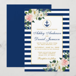 Nautical Wedding Blue Stripes Weiß rosa Blütenfarb Einladung