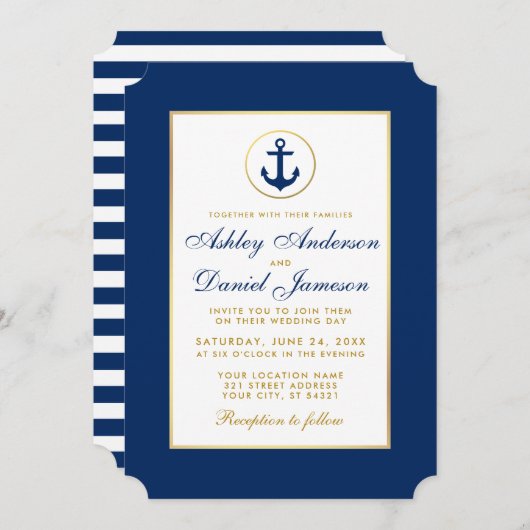 Nautical Wedding Blue Striping Gold Einladung (Vorne/Hinten)