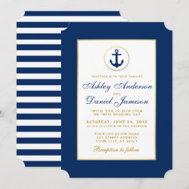 Nautical Wedding Blue Striping Gold Einladung