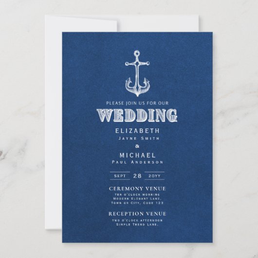 Nautical Wedding Blue White Anchor Digital Einladung (Vorderseite)