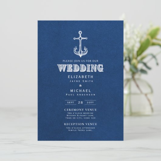 Nautical Wedding Blue White Anchor Digital Einladung (Stehend Vorderseite)