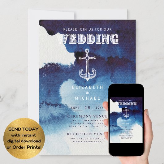 Nautical Wedding Blue White Anchor Digital Einladung