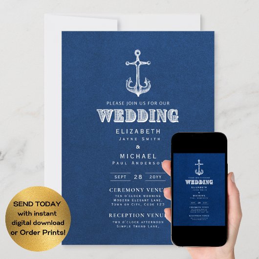 Nautical Wedding Blue White Anchor Digital Einladung