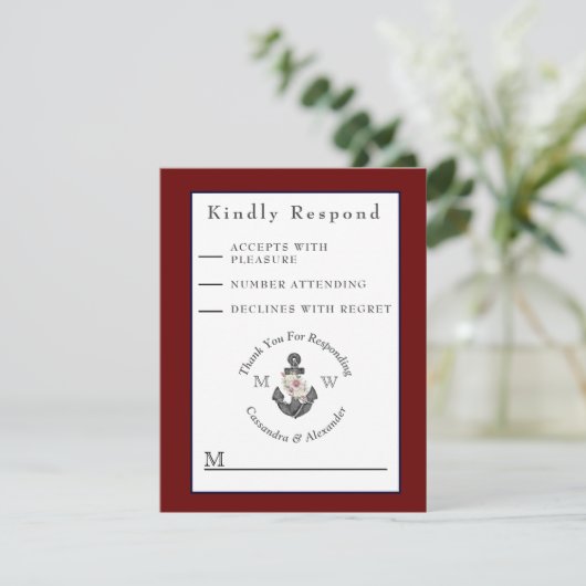 Nautical Wedding Floral Anchor Maroon Burgundy Red RSVP Karte (Stehend Vorderseite)