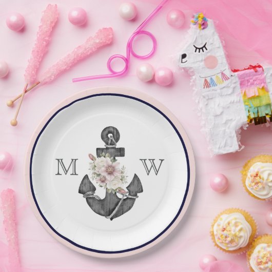 Nautical Wedding Floral Anchor Pink und Marine Pappteller (Party)