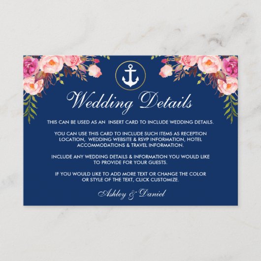Nautical Wedding Floral Blue Details Beipackkarte Begleitkarte (Vorderseite)