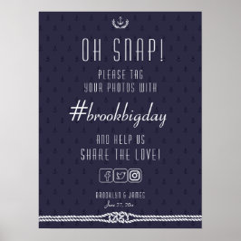 Nautical Wedding Hashtag Sign 18x24 Blue Anchors Poster