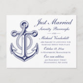Nautical Wedding Navy Blue Anchor Just Married Ankündigungspostkarte (Vorderseite)