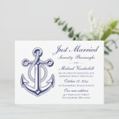 Nautical Wedding Navy Blue Anchor Just Married Einladung (Stehend Vorderseite)