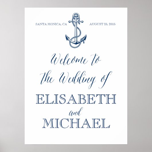 Nautical Wedding Willkommensschild, blau und weiß Poster (Vorne)