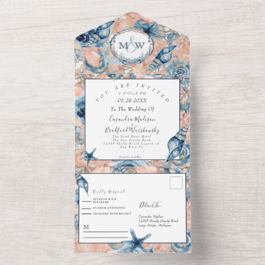 Nautical Wedtical Beach Muschel Blume All In One Einladung (Innen Boden)