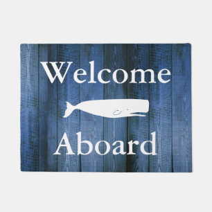 Nautical Welcome Abard White Whale & Blue Wood Fußmatte
