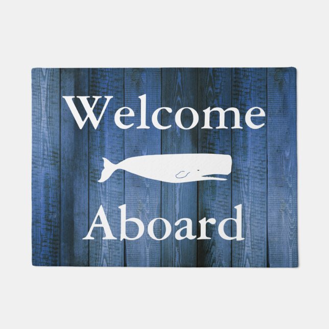 Nautical Welcome Abard White Whale & Blue Wood Fußmatte (Vorderseite)