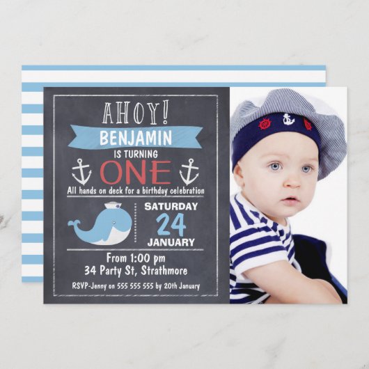 Nautical Whale Chalkboard 1st Birthday Einladung (Vorne/Hinten)