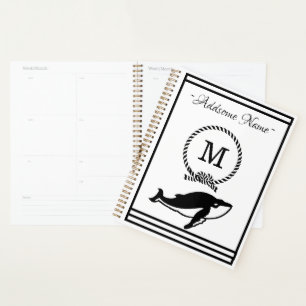 Nautical Whale Monogram Elegant Schwarz-weiß Planer