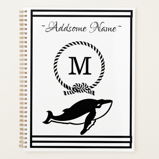 Nautical Whale Monogram Elegant Schwarz-weiß Planer (Vorderseite)