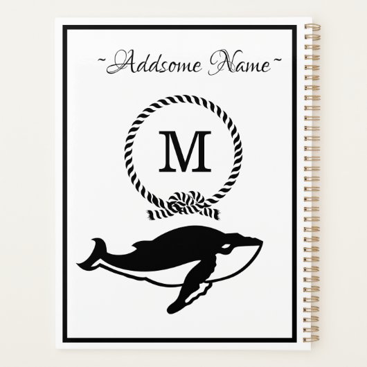 Nautical Whale Monogram Elegant Schwarz-weiß Planer (Rückseite)