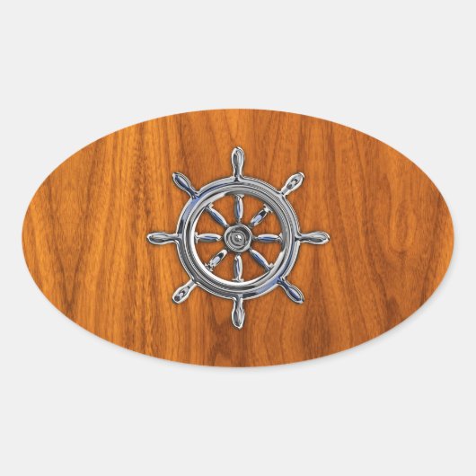Nautical Wheel auf Teak Veneer Ovaler Aufkleber (Vorderseite)
