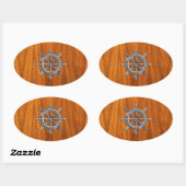 Nautical Wheel auf Teak Veneer Ovaler Aufkleber (Blatt)